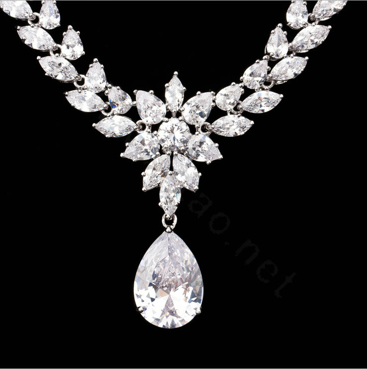 Luxury Wedding Banquet Jewelry Sets Diamond Flower Water-drop Earrings & Bridal Zircon Statement Necklace