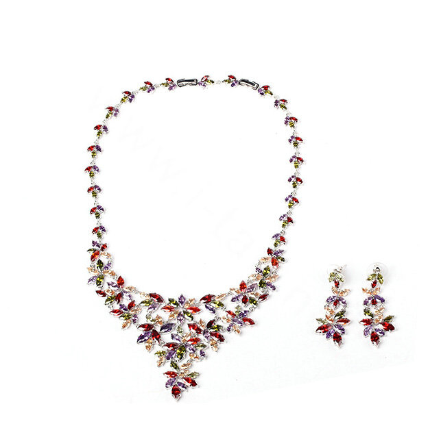 Luxury Wedding Banquet Jewelry Sets Diamond Multicolor Flower Earrings & Bridal AAA Zircon Statement Necklace