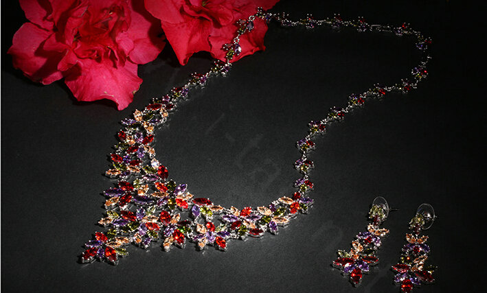 Luxury Wedding Banquet Jewelry Sets Diamond Multicolor Flower Earrings & Bridal AAA Zircon Statement Necklace