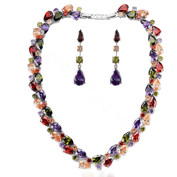 Luxury Wedding Banquet Jewelry Sets Diamond Multicolor Water-drop Earrings & Bridal AAA Zircon Statement Necklace