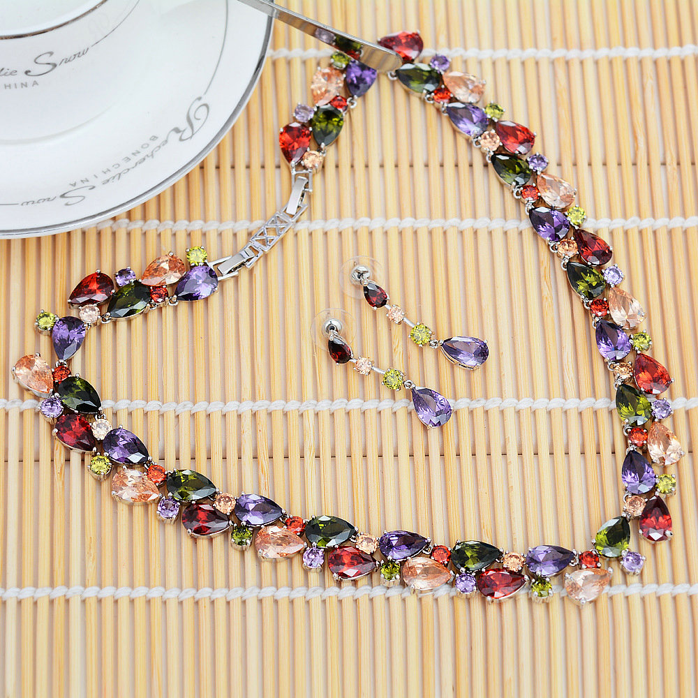 Luxury Wedding Banquet Jewelry Sets Diamond Multicolor Water-drop Earrings & Bridal AAA Zircon Statement Necklace