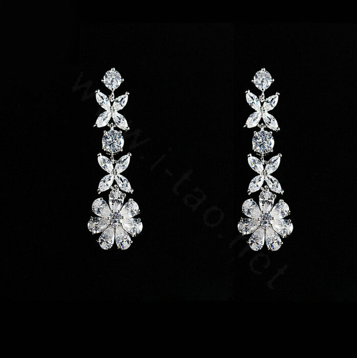 Luxury Wedding Banquet Jewelry Sets Diamond Plum Flower Earrings & Bridal Zircon Statement Necklace