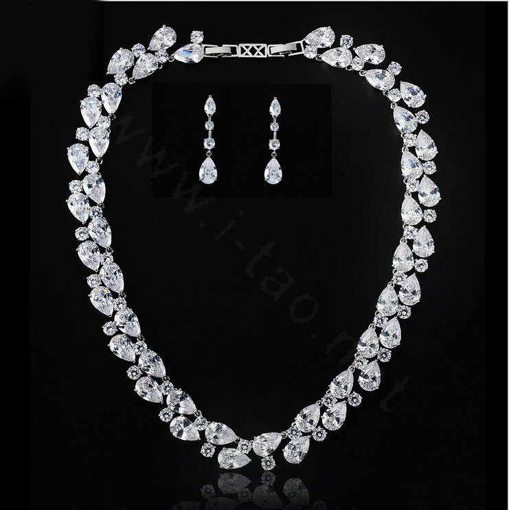 Luxury Wedding Banquet Jewelry Sets Diamond Water-drop Earrings & Bridal AAA Zircon Statement Necklace