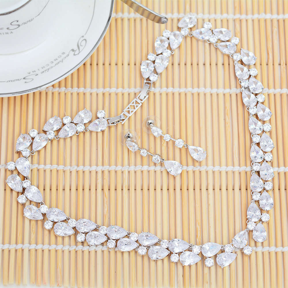 Luxury Wedding Banquet Jewelry Sets Diamond Water-drop Earrings & Bridal AAA Zircon Statement Necklace