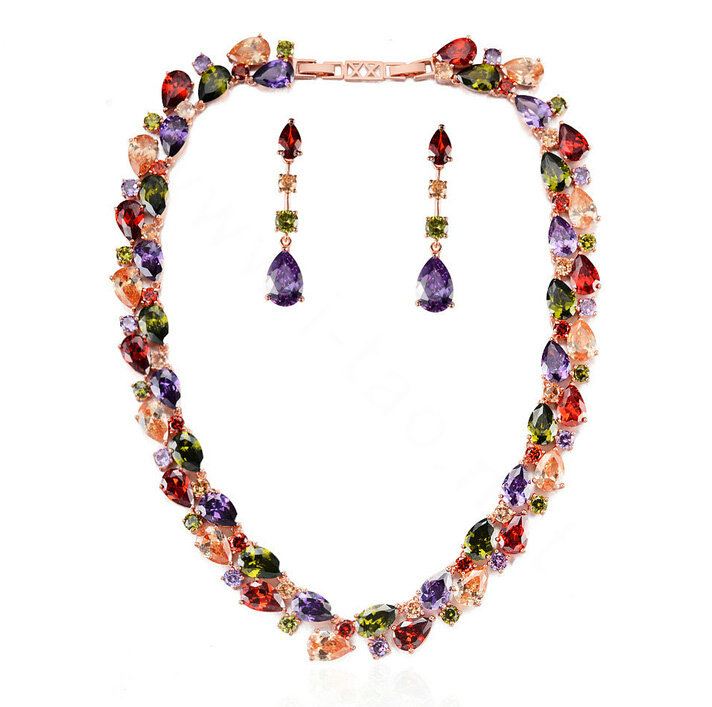 Luxury Wedding Banquet Jewelry Sets Multicolor Rose Gold Water-drop Earrings & Bridal Zircon Statement Necklace