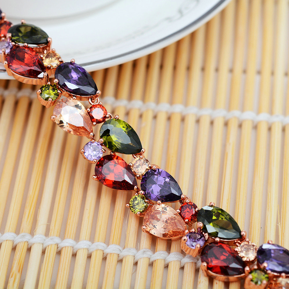 Luxury Wedding Banquet Jewelry Sets Multicolor Rose Gold Water-drop Earrings & Bridal Zircon Statement Necklace
