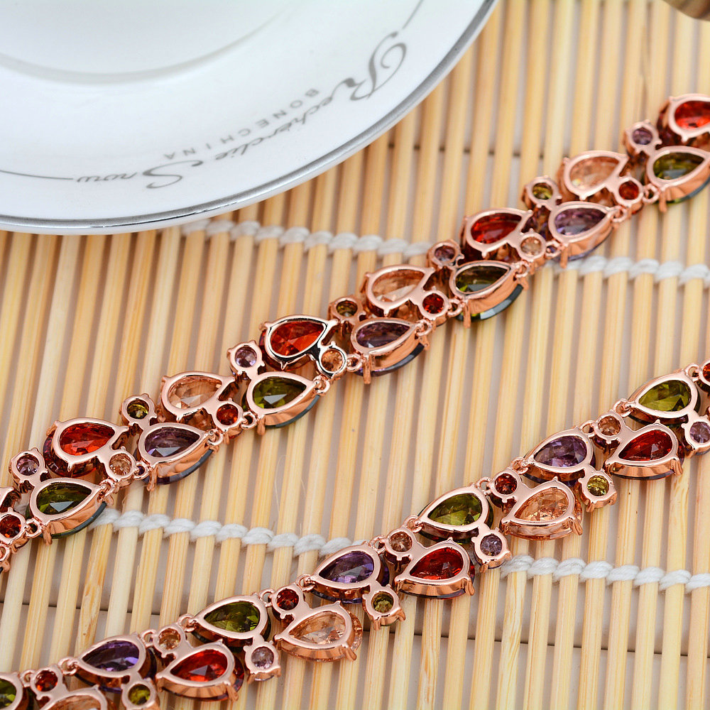 Luxury Wedding Banquet Jewelry Sets Multicolor Rose Gold Water-drop Earrings & Bridal Zircon Statement Necklace