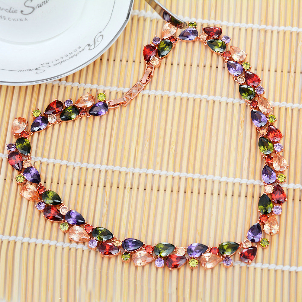 Luxury Wedding Banquet Jewelry Sets Multicolor Rose Gold Water-drop Earrings & Bridal Zircon Statement Necklace