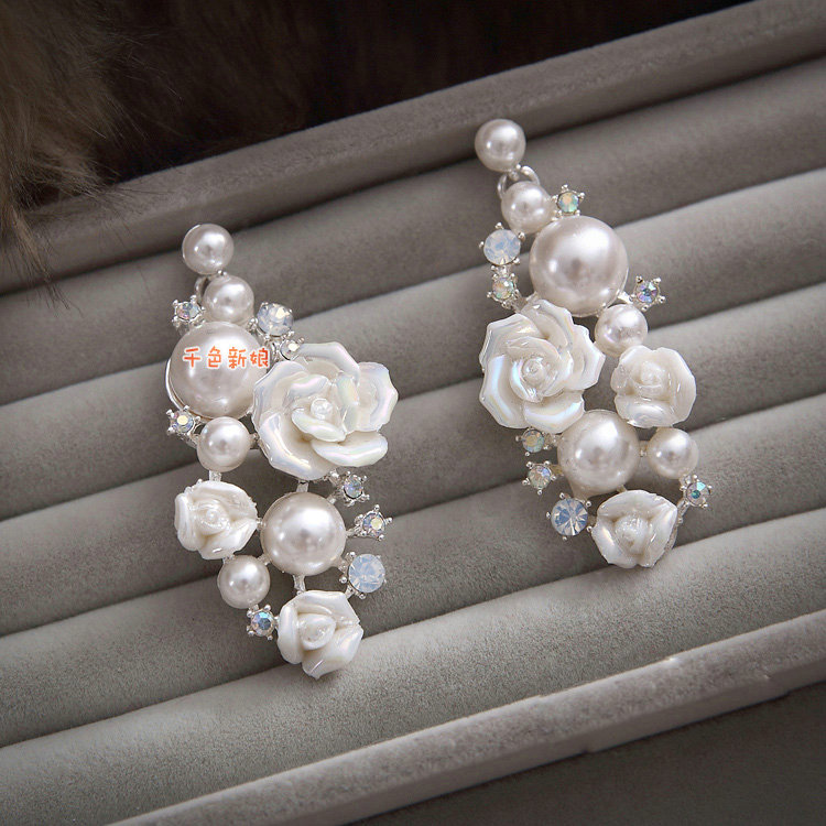Luxury Wedding Banquet Jewelry Sets Porcelain Flower Crystal Tiara & Earrings & Bridal Pearl Necklace