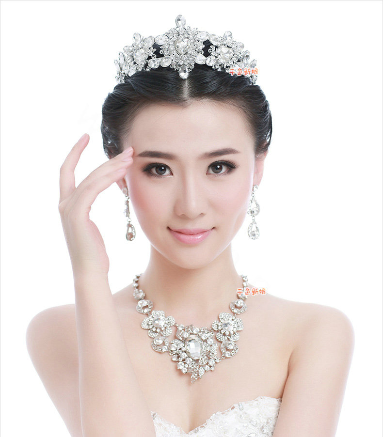 Luxury Wedding Banquet Jewelry Sets for Bridal Crystal Flower Big Tiara & Earrings & Necklace