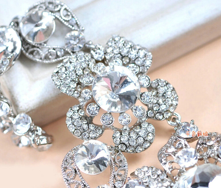 Luxury Wedding Banquet Jewelry Sets for Bridal Crystal Flower Big Tiara & Earrings & Necklace