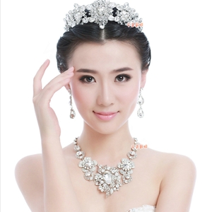 Luxury Wedding Banquet Jewelry Sets for Bridal Crystal Flower Big Tiara & Earrings & Necklace