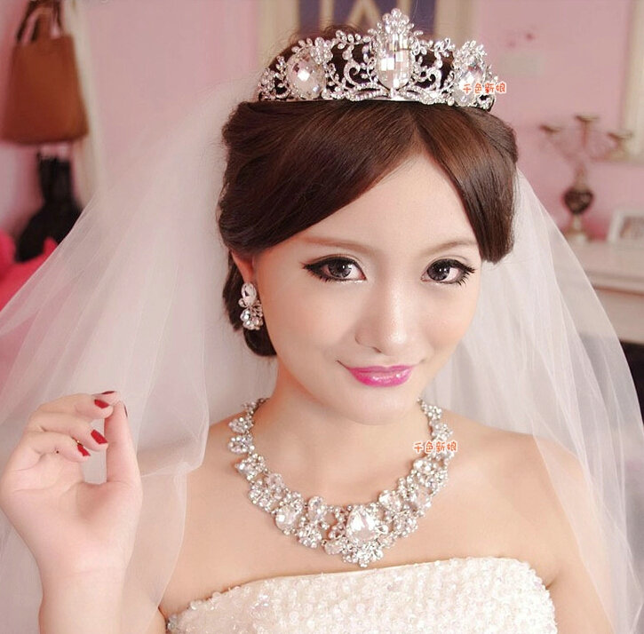 Luxury Wedding Banquet Jewelry Sets for Bridal Crystal Flower Tiara & Earrings & Necklace