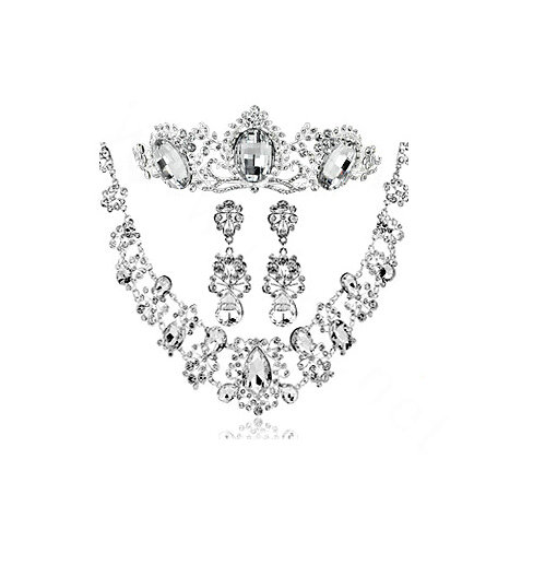 Luxury Wedding Banquet Jewelry Sets for Bridal Crystal Flower Tiara & Earrings & Necklace