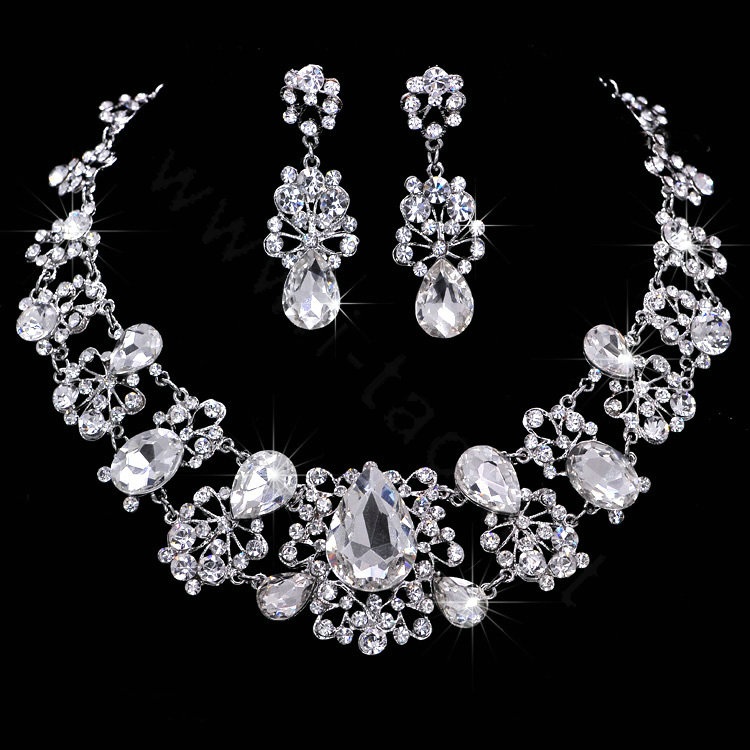 Luxury Wedding Banquet Jewelry Sets for Bridal Crystal Flower Tiara & Earrings & Necklace