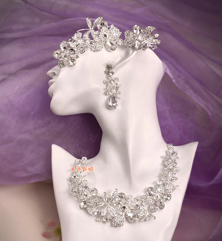 Luxury Wedding Bridal Accessories Butterfly Flower Crystal Necklace Earrings Tiara Sets