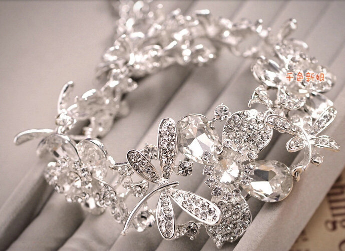 Luxury Wedding Bridal Accessories Butterfly Flower Crystal Necklace Earrings Tiara Sets