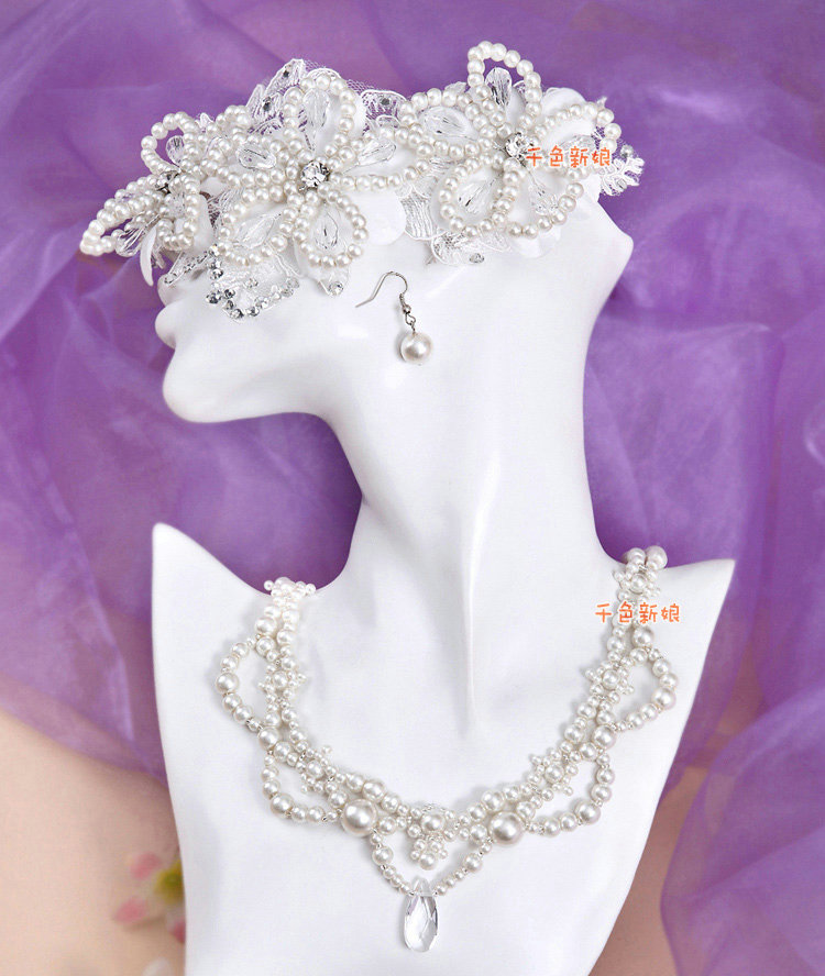 Luxury Wedding Bridal Accessories Pearl Lace Flower Crystal Tiara Necklace Earrings Sets