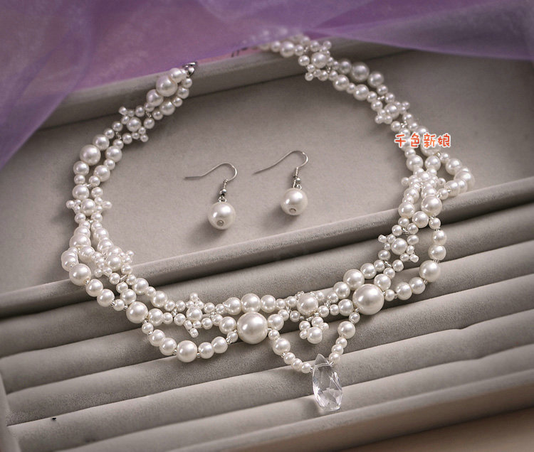 Luxury Wedding Bridal Accessories Pearl Lace Flower Crystal Tiara Necklace Earrings Sets