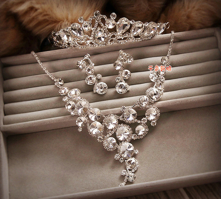 Luxury Wedding Bridal Accessories Rhinestone Crystal Elegant Tiara Necklace Earrings Sets