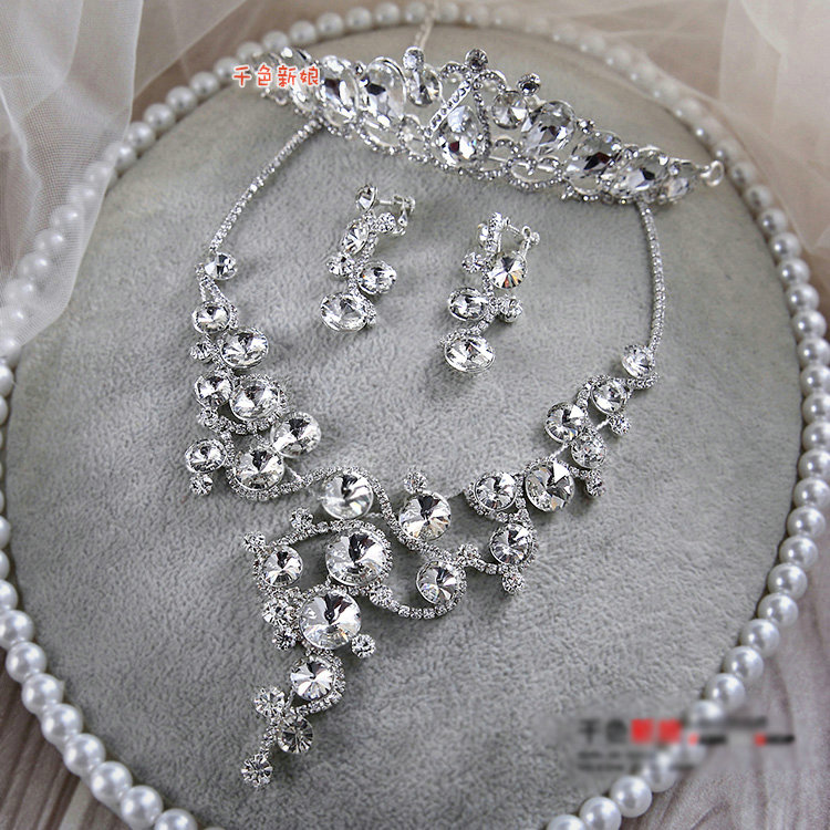 Luxury Wedding Bridal Accessories Rhinestone Crystal Elegant Tiara Necklace Earrings Sets