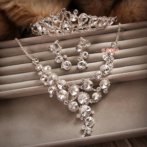Luxury Wedding Bridal Accessories Rhinestone Crystal Elegant Tiara Necklace Earrings Sets