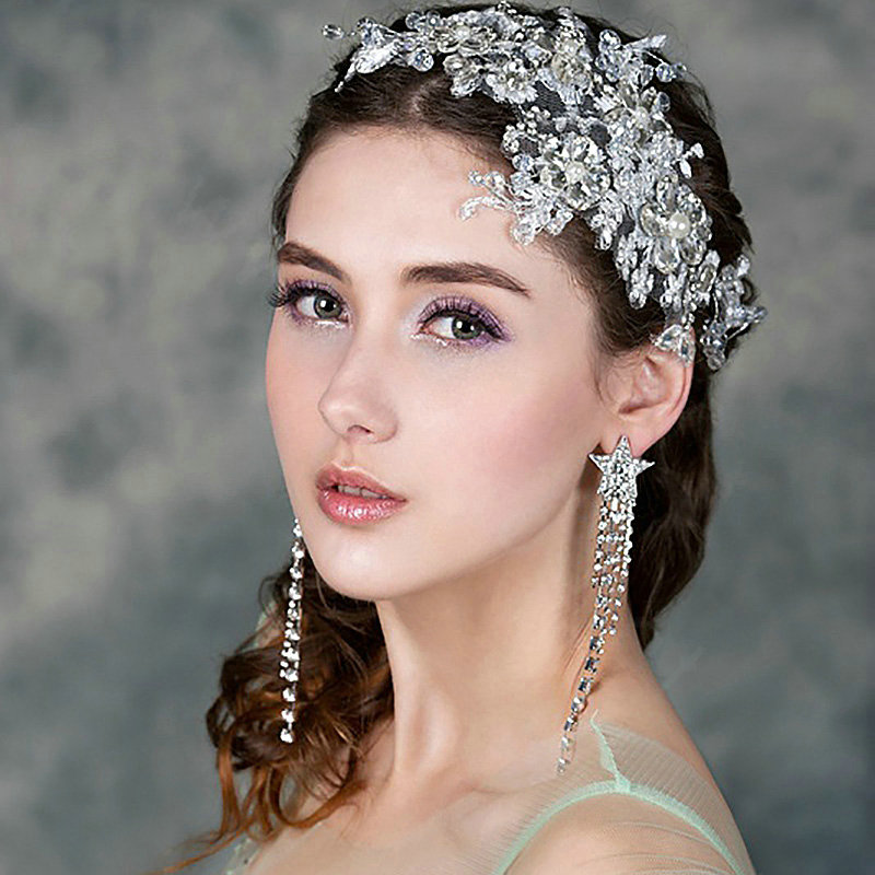 Luxury Wedding Headdress Jewelry Lace Flower Crystal Beads Bridal Headband Hair Accessories