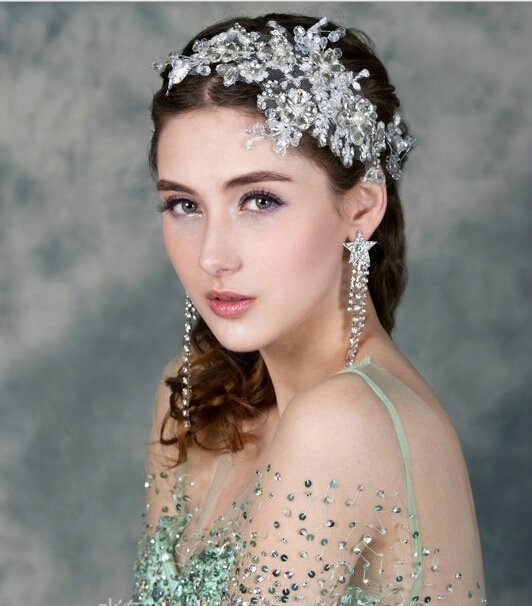 Luxury Wedding Headdress Jewelry Lace Flower Crystal Beads Bridal Headband Hair Accessories