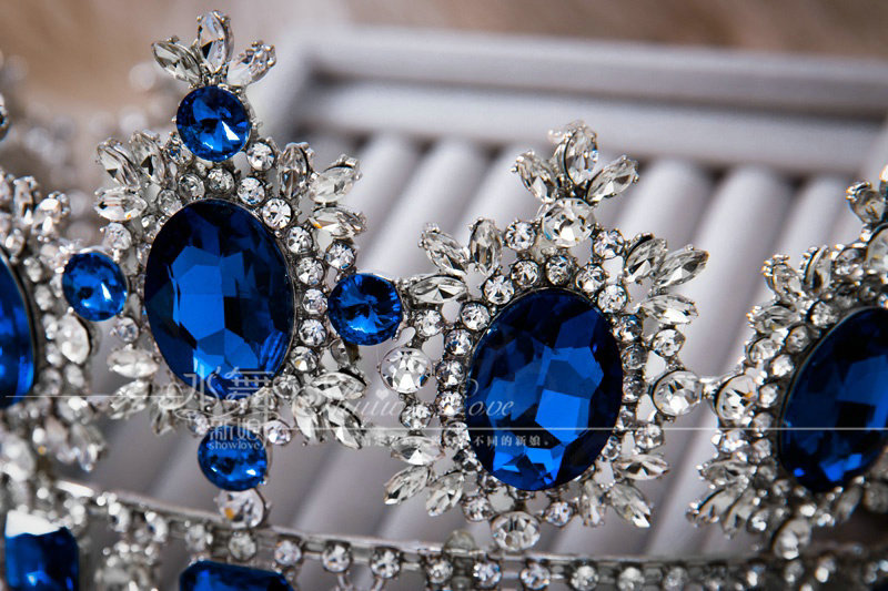 Luxury Wedding Jewelry Crystal Blue Large Ring Tiaras Bridal Rhinestone Crown Hair Accessories