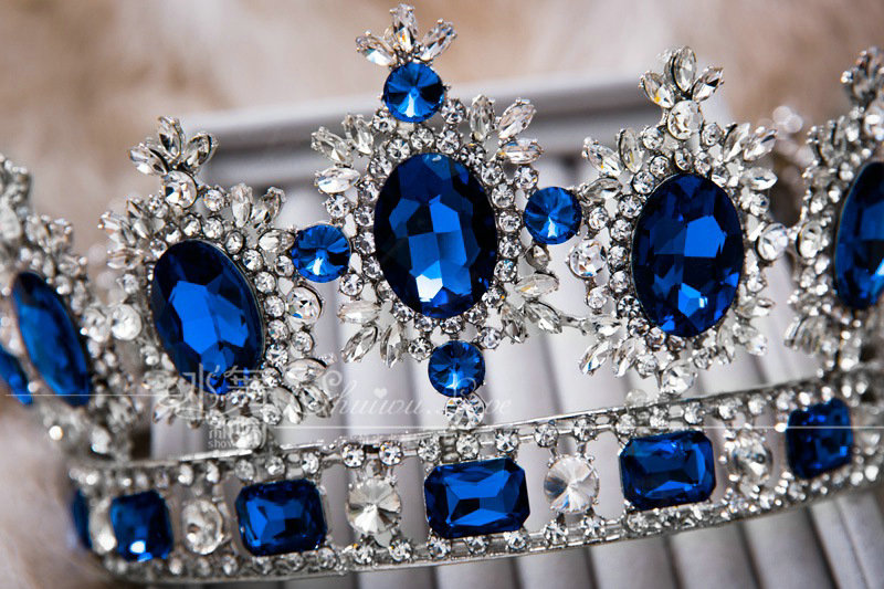 Luxury Wedding Jewelry Crystal Blue Large Ring Tiaras Bridal Rhinestone Crown Hair Accessories