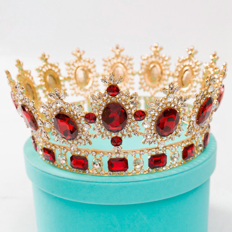 Luxury Wedding Jewelry Crystal Red Large Ring Tiaras Bridal Rhinestone Crown Hair Accessories