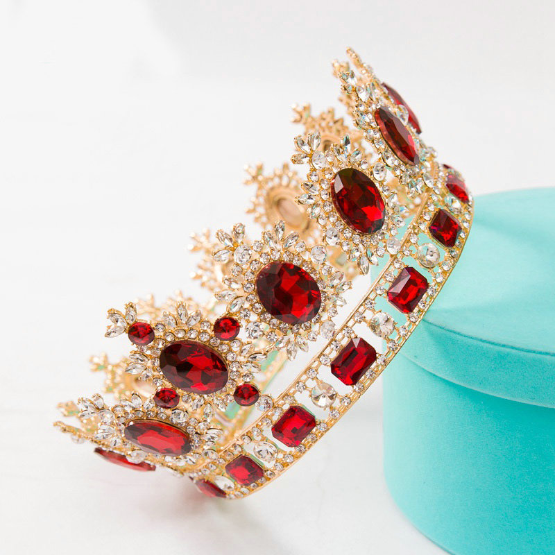 Luxury Wedding Jewelry Crystal Red Large Ring Tiaras Bridal Rhinestone Crown Hair Accessories