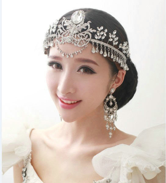 Luxury Wedding Jewelry Flower Crystal Large Tassel Tiaras Bridal Rhinestone Crown Hair Accessories