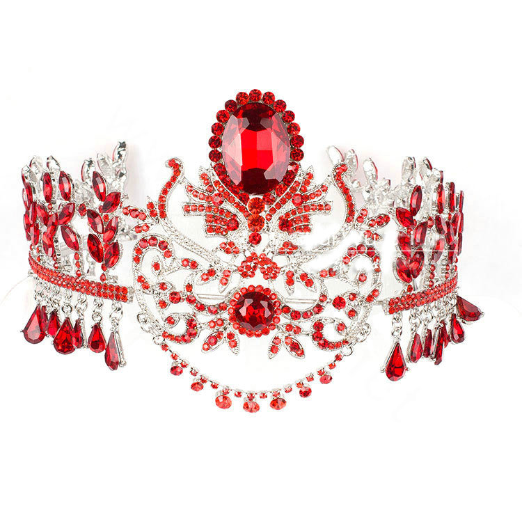Luxury Wedding Jewelry Flower Red Crystal Large Tassel Tiaras Bridal Rhinestone Crown Hair Accessories