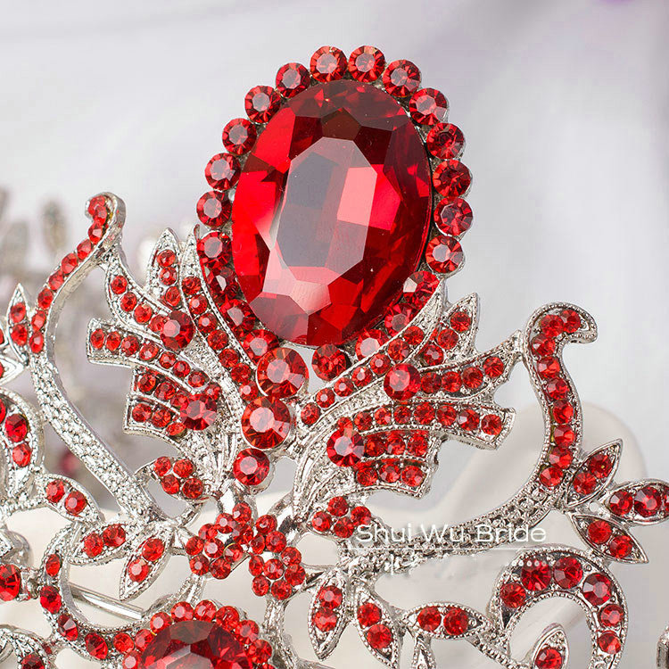Luxury Wedding Jewelry Flower Red Crystal Large Tassel Tiaras Bridal Rhinestone Crown Hair Accessories