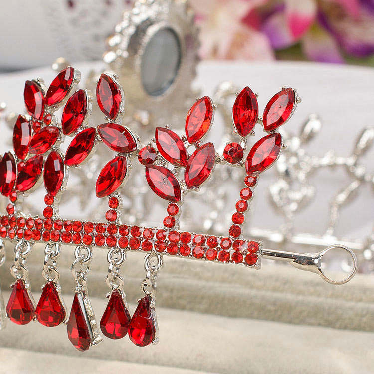 Luxury Wedding Jewelry Flower Red Crystal Large Tassel Tiaras Bridal Rhinestone Crown Hair Accessories