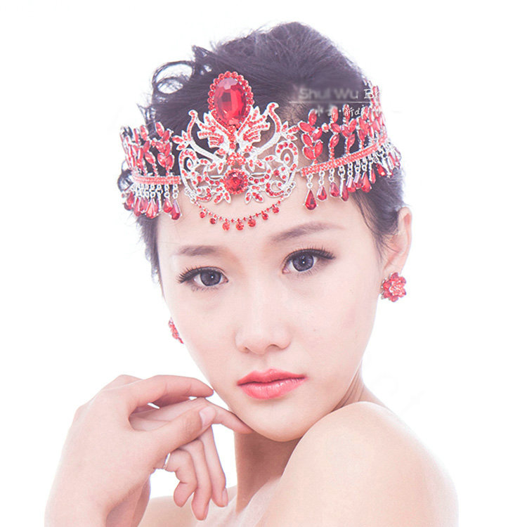 Luxury Wedding Jewelry Flower Red Crystal Large Tassel Tiaras Bridal Rhinestone Crown Hair Accessories