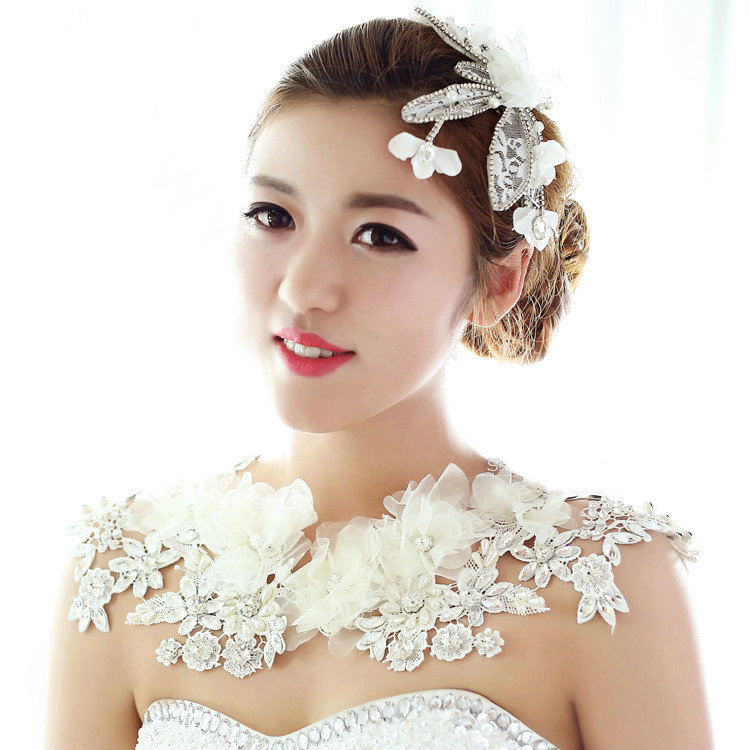 Luxury Wedding Jewelry Pearl Crystal Lace Flower Bridal Necklace Shoulder Accessories