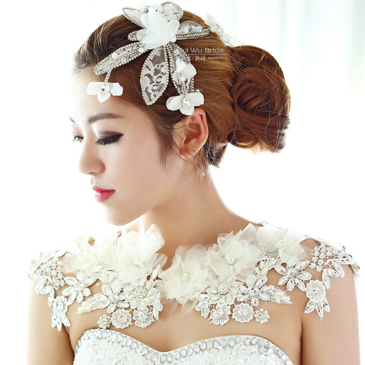 Luxury Wedding Jewelry Pearl Crystal Lace Flower Bridal Necklace Shoulder Accessories