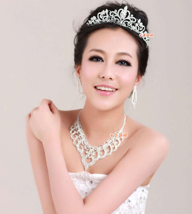 Luxury Wedding Jewelry Set for Bridal Crystal Hollow Flower Tiara & Earrings & Necklace Sets