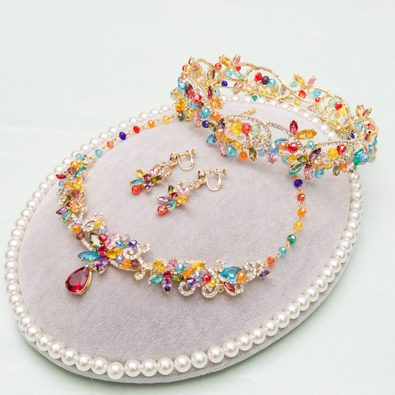 Luxury Wedding Jewelry Sets Colorful Crystal Beads Flower Tiara & Earrings & Bridal Zircon Statement Necklace