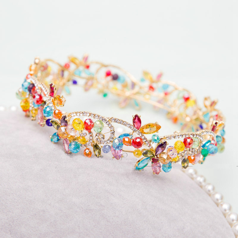 Luxury Wedding Jewelry Sets Colorful Crystal Beads Flower Tiara & Earrings & Bridal Zircon Statement Necklace