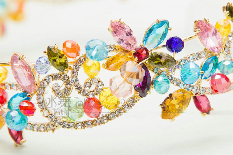 Luxury Wedding Jewelry Sets Colorful Crystal Beads Flower Tiara & Earrings & Bridal Zircon Statement Necklace