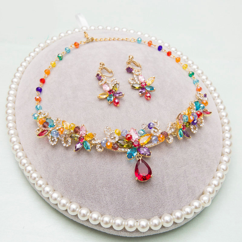 Luxury Wedding Jewelry Sets Colorful Crystal Beads Flower Tiara & Earrings & Bridal Zircon Statement Necklace