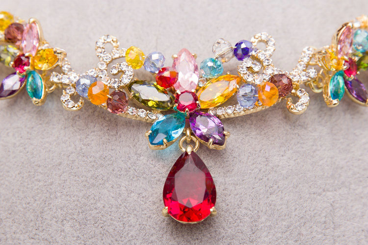 Luxury Wedding Jewelry Sets Colorful Crystal Beads Flower Tiara & Earrings & Bridal Zircon Statement Necklace