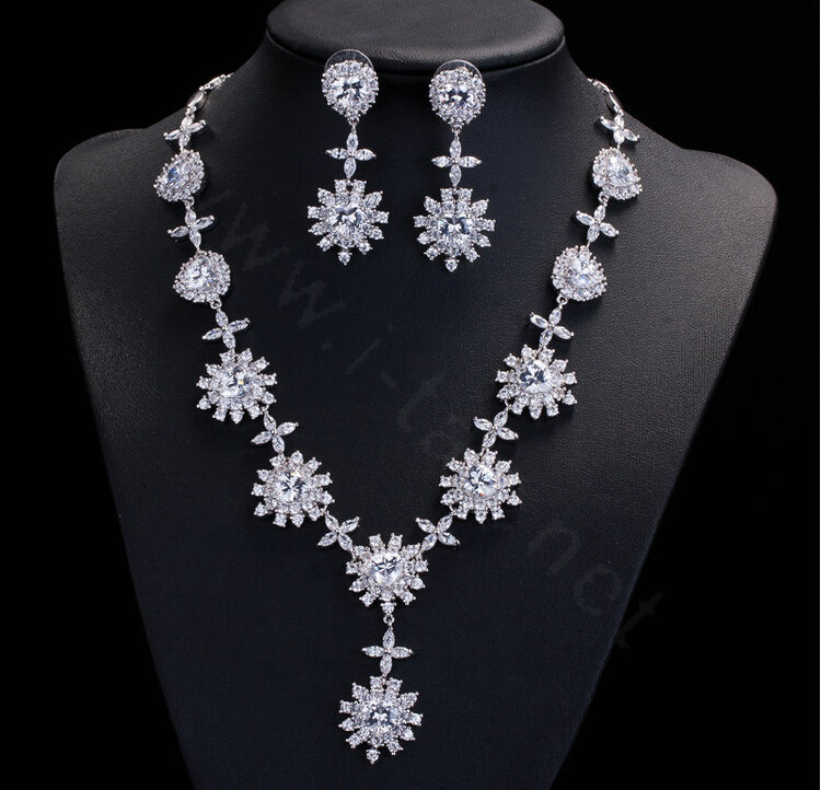 Luxury Wedding Jewelry Sets Cross Flower Stud Earrings & Bridal Diamond Zircon Statement Necklace