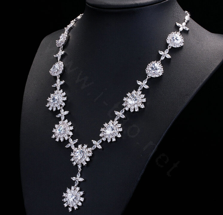 Luxury Wedding Jewelry Sets Cross Flower Stud Earrings & Bridal Diamond Zircon Statement Necklace