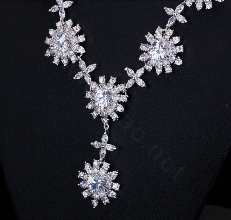 Luxury Wedding Jewelry Sets Cross Flower Stud Earrings & Bridal Diamond Zircon Statement Necklace