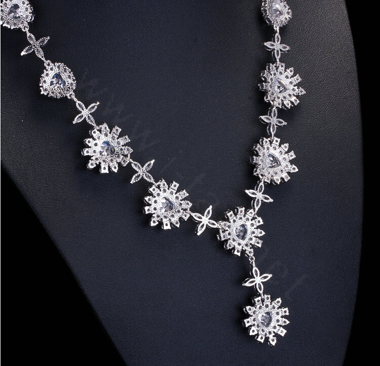 Luxury Wedding Jewelry Sets Cross Flower Stud Earrings & Bridal Diamond Zircon Statement Necklace