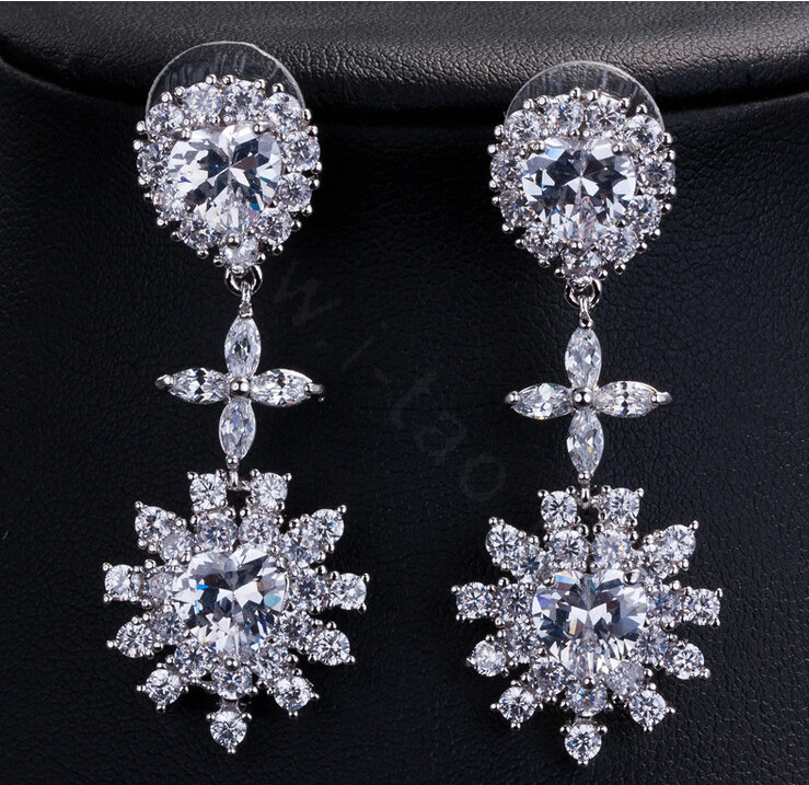 Luxury Wedding Jewelry Sets Cross Flower Stud Earrings & Bridal Diamond Zircon Statement Necklace